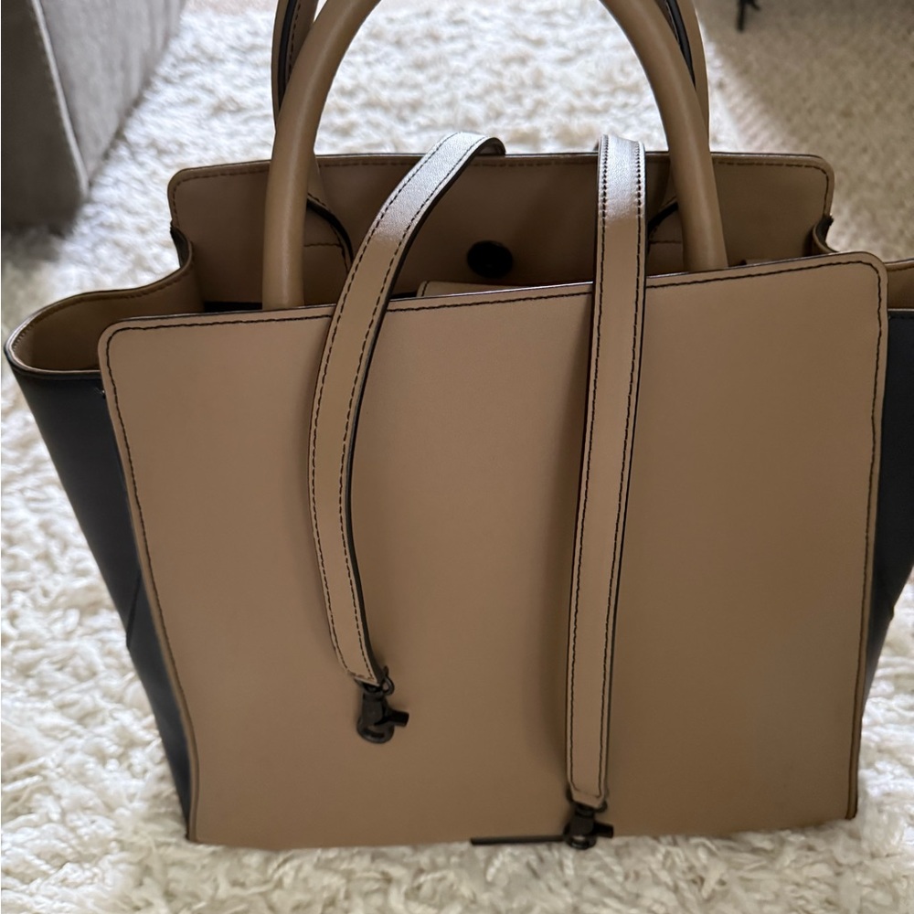 Zac Posen Taupe and Black Structured Tote Bag with Minimalist Design